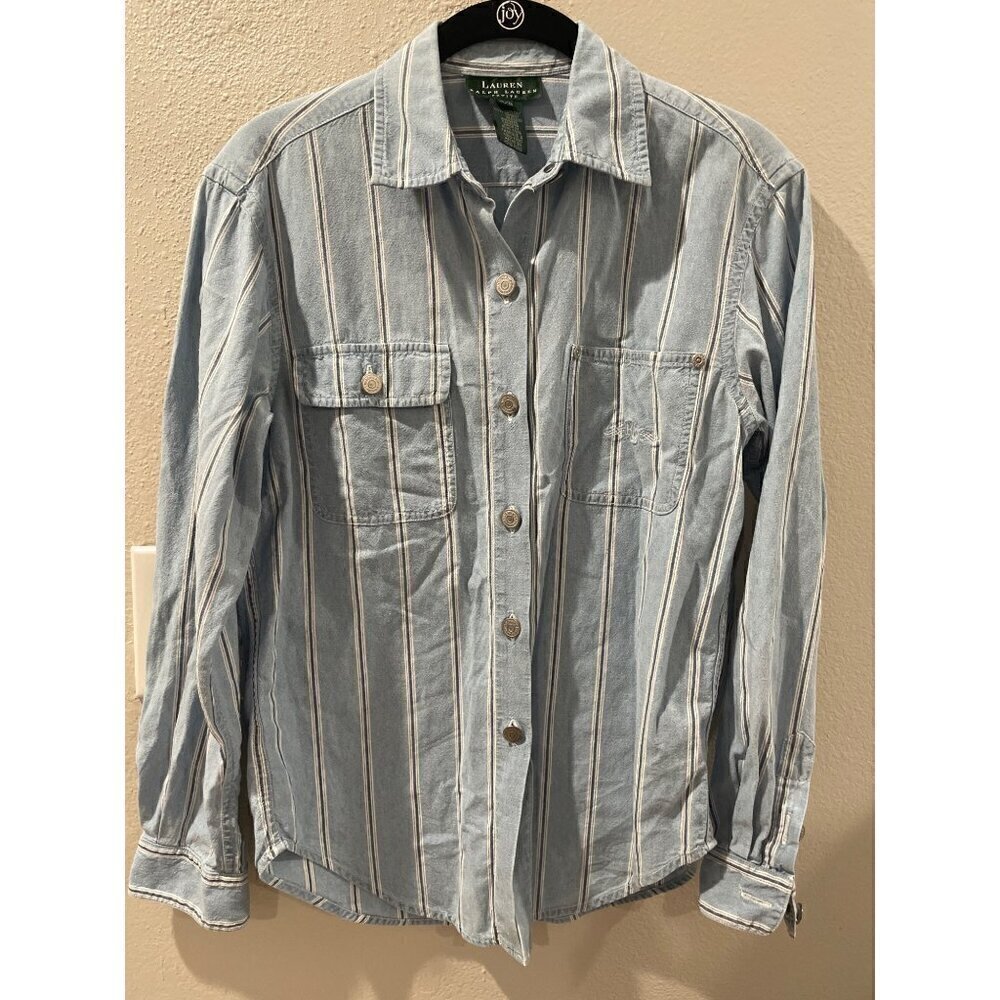 LAUREN RALPH LAUREN BLUE CHAMBRAY DENIN COTTON WOMENS JEAN SHIRT SIZE S vintage
